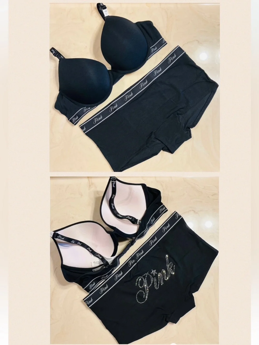 PINK VICTORIA’S SECRET Black Push-Up Bra & Cotton Boyshort Diamante Logo 36B